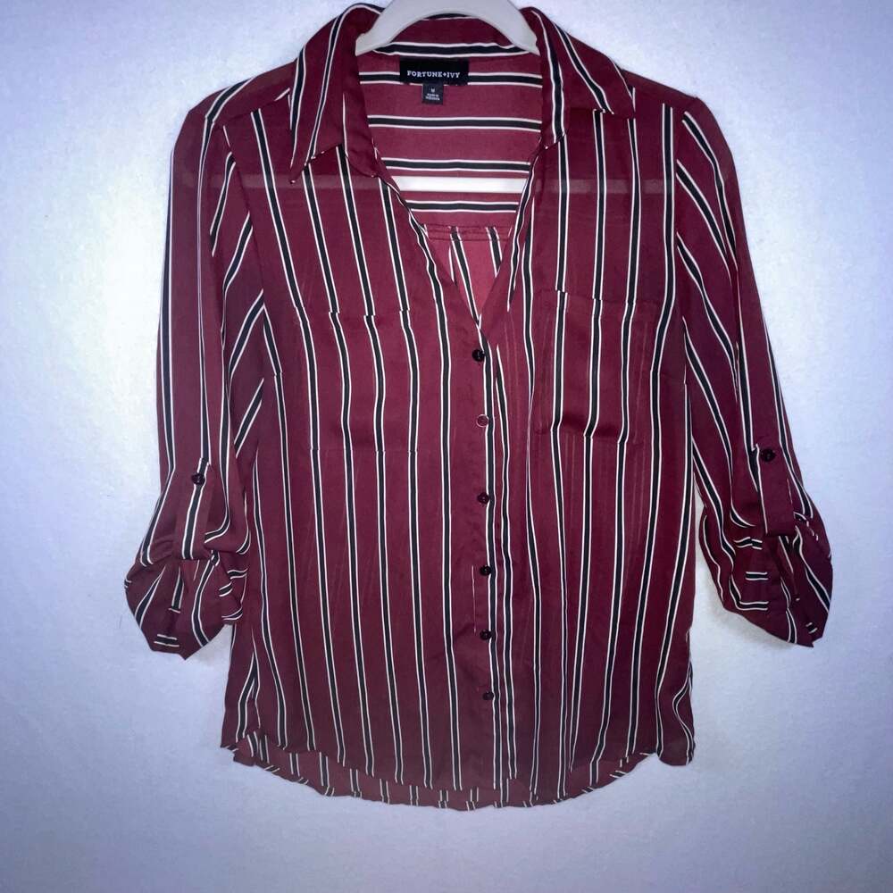 Fortune + Ivy Burgundy Striped Roll-Tab Sleeve Button Down Shirt Size M